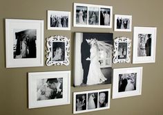 black and white wedding pictures on the wall