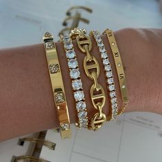 Stainless Steel 18K Gold Plated Tarnish Free Suitable for wrist size up to 6.5in Big Gold Bracelet, Vintage Gold Bling Bracelets, Luxury Gold Bracelets With Rhinestones, Gold Metal Bracelets With Rhinestones, Glamorous Sparkling Gold Bracelets, Preppy Jewelry, Wrist Jewelry, Girl Jewelry