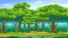 an image of a forest scene with green trees and blue sky in the background illustration