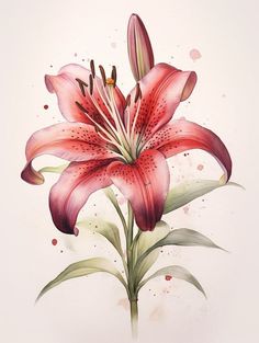 Flower Drawing In Color, Watercolour Flower Illustration, Watercolour Botanical Flowers, Flower Watercolor Illustration, Botanical Flower Illustration, Lily Illustration Flower, Red Flower Drawing, Lily Flower Illustration, Flowers Drawing Watercolor