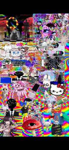 a collage of many different pictures with cats and other things in the background that are multicolored