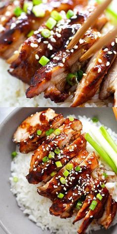 chicken with sesame seeds and green onions served over rice on a white plate, ready to be eaten