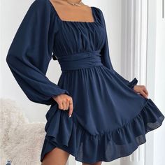 Never Worn Small Navy Blue Dress Long Sleeve Flowy Dress, Winter Formal Dresses, Dark Blue Dress, Shein Dress, Mini Dresses For Women, Flowy Dress, Trending Dresses, Trendy Dresses, Ruffle Hem