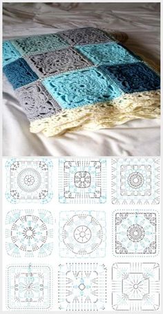 an image of crochet patterns on a bed with white sheets and blue trims