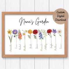 personalized floral print with the names and colors of flowers in each flower, on a wooden