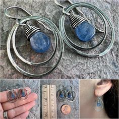 A pair of smooth Kyanite teardrops have been wrapped in sterling silver. The stones are framed by sterling silver ovals which I have formed, soldered, and hammered by hand. The earrings hang from handmade sterling silver earwires. The silver has been oxidized and polished to create an aged patina finish. Be sure to see all photos and video for size and color reference. Kyanite: About 7x10mm You can find the rest of my shop here wisehandmadejewelry.etsy.com Wise Handmade Jewelry is an eco-conscio Unique Teardrop Sterling Silver Earrings, Nickel-free Oval Teardrop Earrings, Modern Wire Wrapped Teardrop Jewelry, Modern Teardrop Wire Wrapped Jewelry, Wire Wrapped Teardrop Earrings For Anniversary, Silver Metal Teardrop Earrings Wire Wrapped, Silver Metal Wire Wrapped Teardrop Earrings, Silver Wire Wrapped Metal Teardrop Earrings, Unique Sterling Silver Nickel-free Teardrop Earrings