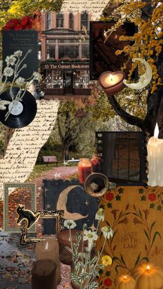 a collage of photos with candles, books and other things on it's surface