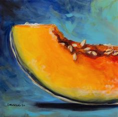 an acrylic painting of a piece of melon with seeds on it's side