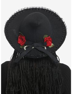 Black Rose Pearl Bow Lace Witch Hat | Hot Topic Goth Hats, Goth Hat, Right Arrow Icon, Pearl Bow, Fabric Roses, Black Hat, Black Ribbon, Witch Hat, Red Fabric