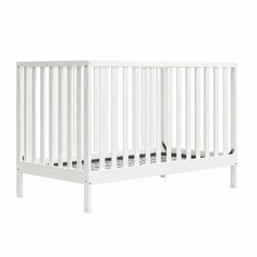 a white baby crib with no mattress on the bottom and side rails, in front of a white background