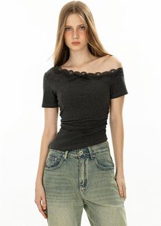 The Off-Shoulder Lace Trim Short Sleeve Crop Top is a captivating blend of edgy allure and effortless charm, making it a stand-out piece for any wardrobe. Crafted from a high-quality cotton blend, this top ensures both comfort and style with a hint of stretch for a perfect fit. Featuring an inviting off-shoulder neckline trimmed with delicate lace, this crop top exudes a sweet yet spicy attitude that's ideal for those who love to make a statement. Its slim-fit design and short sleeves complement Chic Cotton Off-shoulder Top For Spring, Cotton Stretch Off-shoulder Top For Spring, Stretch Cotton Off-shoulder Top For Spring, Chic Cotton Off-shoulder Top For Fall, Off-shoulder Cotton Tops, Stretch Cotton Off-shoulder Top, Fitted Cotton Off-shoulder Top With Short Sleeves, Elegant Off-shoulder Cotton Top, Casual Cotton Off-shoulder Short Sleeve Top