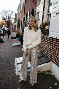 Styled Snapshots, Nye Fashion, Monochromatic Outfit, Outfit Christmas, Nye Outfits, Dressy Fashion, Satin Midi Skirt, Sequin Sweater, Fuzzy Sweater