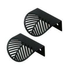 two black metal shelf brackets with holes on each side and one has a hole in the middle