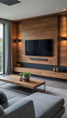 a modern living room with wood paneling and large windows overlooking the cityscape