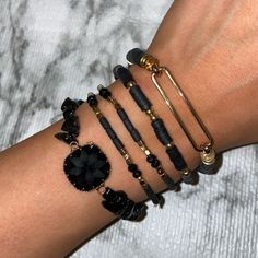 Beautiful Black And Gold Bracelet Stack New- Never Worn Stretchy Trendy Black Stretch Bracelet For Party, Trendy Black Stretch Bracelet For Everyday, Adjustable Black Stretch Bracelet For Everyday, Black Stretch Bracelet With Black Beads, Black Beaded Stretch Bracelet For Party, Black Gold Bracelet, Black And Gold Bracelet, Gold Bracelet Stack, Gold Bracelets Stacked