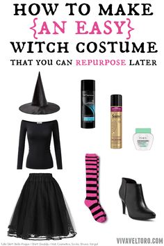 an easy halloween costume that you can repurpose later with text overlay reading how to make an easy witch costume that you can repurpose later