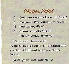 the menu for chicken salad is displayed on a piece of paper