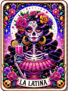 a card with a skeleton holding a drink in it's hand and roses on the side