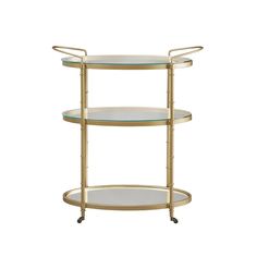 a three tiered glass shelf on wheels with gold trimmings and metal frame