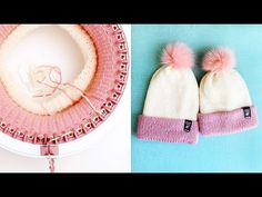 two hats with pink pom - poms on them and one is knitted