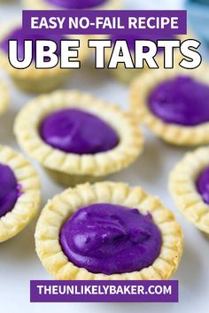 mini pies with purple icing on them and the words easy no - fail recipe cube tarts