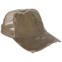 a brown distressed trucker hat with holes on the front and side, worn out