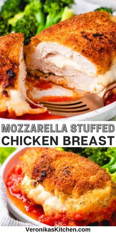 Breaded chicken breast, stuffed with mozzarella cheese, with tomato sauce and broccoli on a plate. Panko Crusted Chicken Breast, Mozzarella Stuffed Chicken Breast, Mozzarella Stuffed Chicken, Baked Stuffed Chicken, Panko Crusted Chicken, Chicken Breast Stuffed, Crusted Chicken Breast, Stuffed Chicken Breast