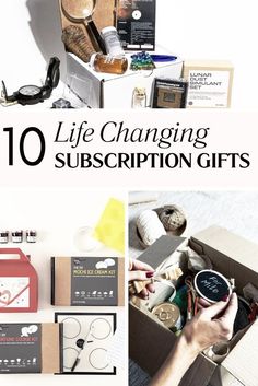 the words life changing subscription gifts are in front of an assortment of items