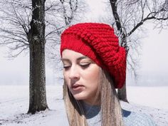 "More hats here: https://www.etsy.com/shop/lasunka/?section_id=7504911 Slouchy Red beret Knit french beret Cable knit wool hat Hand knitted beret Beautiful pattern gives volume to this beret. Measurements: The diameter of the beret - 30-31 cm - 11.8\" - 12.2\" Width of elastic band 22 cm - 8.7\" Please convo me if you have any special requests for a different color or a different size. Hand knitted beret will be shipped by Hellenic mail with delivery confirmation. As soon as the package is shipp Slouchy Winter Beret, Winter Knitted One Size Beret, Winter Knitted Beret, One Size Fits Most, Slouchy Red Winter Hat, Casual Hand-knitted Beret One Size, Red Beret, Alpaca Gifts, 40th Birthday Gifts For Women, Knitted Beret