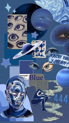 an artistic collage with blue images and stars