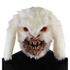 Scare the daylights out of everyone with this gruesome rabid bunny mask. Kids will never look at the Easter bunny the same again. This terrifying mask is made from vacuum-formed plastic, covered in white fur and features red mesh-fabric eyes, long yellow pointy teeth and mouth covered in the blood. Care Instructions: Hand wash cold water with mild soap. For best results hang or lay flat to dry. Pointy Teeth, Rabbit Mask, Monster Costume, Rabbit Face, Scary Zombie, Zombie Monster, Rabbit Costume, Monster Costumes