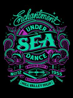 an old poster with the words under the sea dance in neon green and purple on black