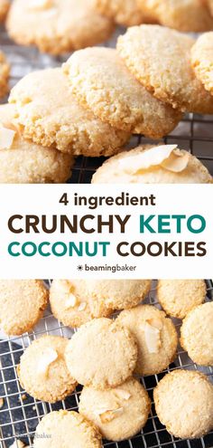 four ingredient crunchy keto coconut cookies on a cooling rack with text overlay