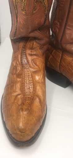 "13 1/2\" height including 1 1/2\"heel/Exterior width 3 1/2\"/exterior length approx 11\"/Good vintage condition/heel Is slightly worn down/Smoke free environment (107)" Leather Boots With Crocodile Pattern For Formal Occasions, Formal Crocodile Pattern Boots With Round Toe, Formal Crocodile Pattern Round Toe Boots, Leather Moc Toe Boots With Crocodile Pattern, Brown Leather Boots With Crocodile Pattern, Formal Crocodile Pattern Snip Toe Boots, Western Leather Boots With Crocodile Pattern, Brown Crocodile Pattern Classic Boots, Classic Snip Toe Boots With Crocodile Pattern