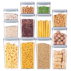 six clear containers filled with different types of cereals, beans and pretzels