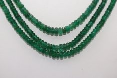 AAA+ Emerald Faceted Rondelle Beads Necklace Stone :Zambian  Emerald Length : 20  inches   3 strands necklace Size : 3-3.5 mm Faceted/Plain : Faceted Old Estate, Jewelry Education, Necklace Stone, Long Beaded Necklace, Zambian Emerald, Ruby Necklace, Birthstone Gifts, Necklace Size, Multi Strand Necklace