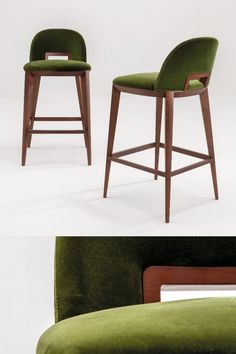 two different views of the same bar stools, one in green and one in brown