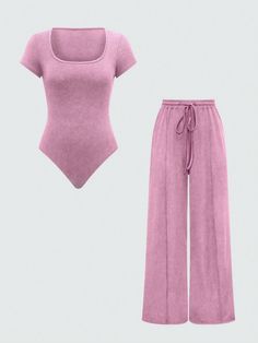 Pink Casual Collar   Plain  Embellished High Stretch  Women Clothing Pants Loose, Pantalon Large, Short Sleeve Bodysuit, Casual Style Outfits, Kids Beachwear, Two Piece Outfit, Aesthetic Outfits, Waist Belt