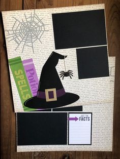 an altered halloween card with a witch hat and spider webs on it's side