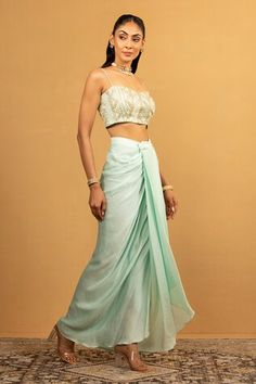 Ice blue blouse with gota work embroidery. Paired with draped dhoti skirt and cape. - Aza Fashions Fitted Wedding Set With Side Open Design, Traditional Draped Fitted Sharara, Fitted Tilla Saree For Reception, Fitted Saree With Tilla Detailing, Bollywood Style Fitted Side Open Sets, Traditional Fitted Draped Sets, Elegant Fitted Traditional Wear With Tilla Detail, Elegant Fitted Traditional Wear With Tilla, Fitted Festive Sets With Side Open Design