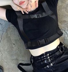 Black Crop Top with Buckles - #fashion #tops #croptops Trendy Black Crop Top With Straps, Black Y2k Crop Top With Built-in Bra, Y2k Black Crop Top With Built-in Bra, Black Y2k Crop Top With Tank Straps, Black Y2k Tank Strap Crop Top, Edgy Black Tops With Straps, Black Strappy Crop Top, Trendy Black Top With Adjustable Straps, Goth Shop