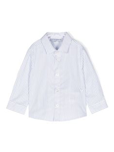 blue/white cotton poplin texture vertical stripe print embroidered logo to the front classic collar front button fastening long sleeves buttoned cuffs curved hem Armani Kids, Dress With Jean Jacket, Dolce And Gabbana Kids, Kids Logo, Suits Coats, Shirt White, Stripe Print, Jeans Dress, Logo Embroidered