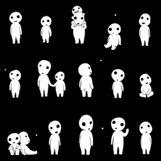 an image of cartoon alien characters in different poses and sizes on a black background illustration