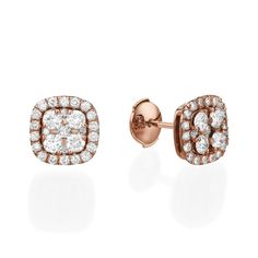 A fabulous cushion shaped pair of earrings with an enormous amount of look and sparkle! set with high quality round brilliant cut diamonds, total of 1.06 ct, in GH color and VS clarity set in 18K gold. Earring measures 0.374" L. x 0.370" W. (9.50mm x 9.40mm). Diamond Cluster Earrings, Round Halo, Moissanite Earrings, Marquise Cut Diamond, Bridal Bands, Bridal Ring Set, Oval Cut Diamond, Gold Earring, Diamond Eternity