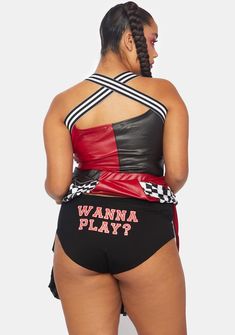 includes a vinyl crop top with a two tone design, striped trim, "maniac" printed on the front in varsity letters, a matching skater skirt with a diamond-patterned bottom layer and star decals, a panty with "wanna play?" printed on the booty, and a pair of black thigh high socks with white stripes at top. Halloween Harley Quinn, Black Thigh High Socks, Harley Quinn Joker, Varsity Letters, Cheerleader Costume, Black Thigh High, Star Decals, Varsity Letter, Costume Store