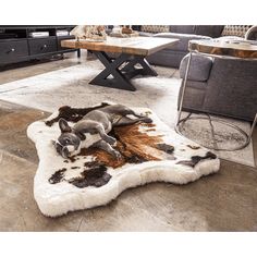 a dog laying on top of a brown and white cowhide rug in a living room