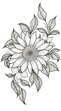 a black and white drawing of a sunflower with leaves on it's petals