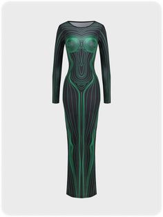 Body Print Crew Neck Long Sleeve Maxi Dress | kollyy Green And Black Outfits For Women, Slay Dresses, Fashionably Late, Sleeve Maxi Dress, Maxi Dress Green, Long Sleeve Maxi, Lolita Dress, Sleeveless Maxi Dress, Types Of Dresses