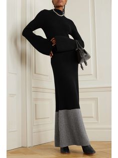 Wool Dress Outfit Winter, Black Wool Dress Outfit, Wool Dress Outfit, Color Block Dress Outfit, Joseph Clothing, Black Wool Dress, Color Block Maxi Dress, Winter Dress Outfits, Ribbed Dress