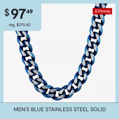 Features: Quick ShipJewelry Closure: Lobster ClaspLink Construction: SolidMetal Color: BlueChain Length: 22 InchChain Width: 10.5 MillimetersMetal: Stainless SteelChain Construction: CurbCare: Wipe CleanNecklace Type: Chain NecklacesCountry of Origin: Imported Blue Cable Chain Necklace As Gift, Blue Silver Chain Necklace As Gift, Blue Stainless Steel Necklace With Adjustable Chain, Blue Stainless Steel Chain Jewelry, Blue Chain Link Metal Jewelry, Curb Chain Necklace, Chain Necklaces, Curb Chain, Blue Man